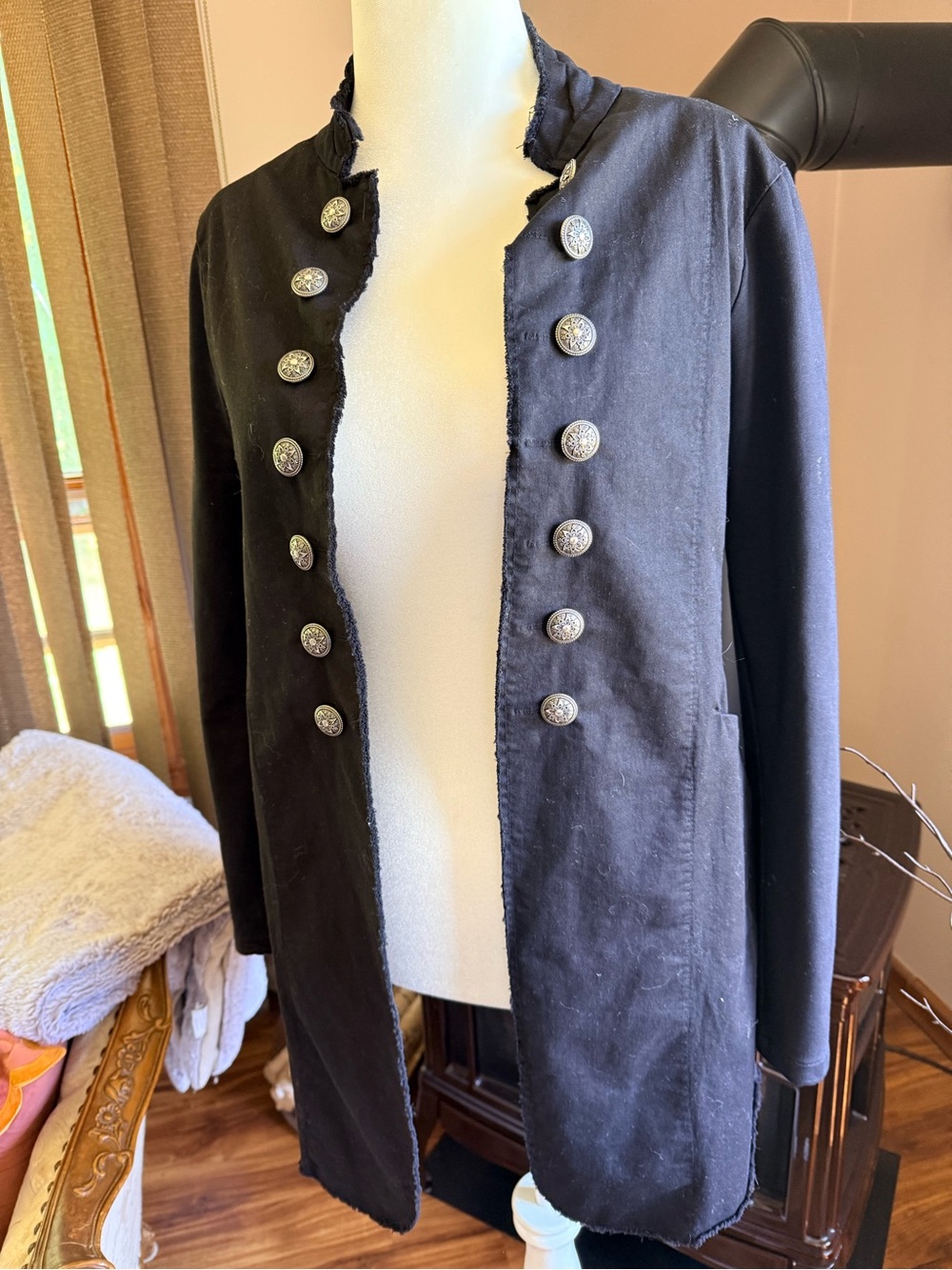 Black Military-Style Women's Blazer with Decorative Silver Buttons